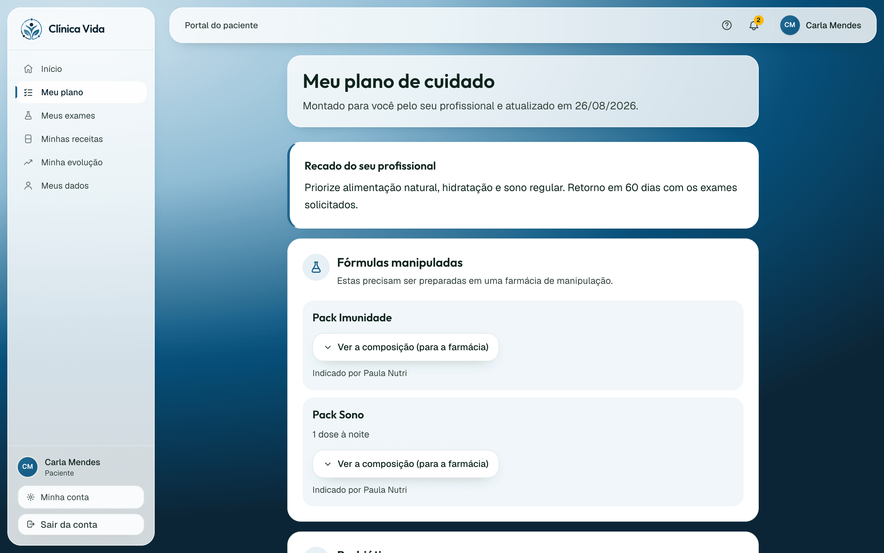 Portal do paciente mostrando o plano de cuidado em linguagem simples